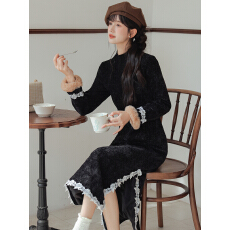 批发【咖啡玫瑰】唯有浪漫 丝绒直袖美拉德色秋冬旗袍披肩套装