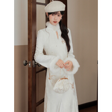 批发白羽玲珑 高级感新中式抓绒提花连衣裙气质国风鱼尾旗袍