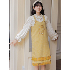批发奶黄色姜饼人彩点毛呢<b class='q'>背心裙</b>女秋季流苏织带U形领连衣裙