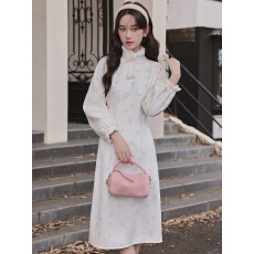 批发碎花复合绒少女风中长款<b class='q'>改良</b><b class='q'>旗袍</b>裙秋冬国风日常套装