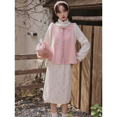 批发碎花复合绒少女风中长款<b class='q'>改良</b><b class='q'>旗袍</b>裙秋冬国风日常套装