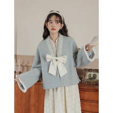 批发落花<b class='q'>雨</b>斋 甜美新中式羊羔绒蝴蝶结宽松毛呢外套大衣秋冬