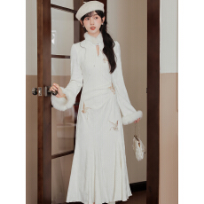 批发白羽玲珑高级感新中式抓绒<b class='q'>提花</b><b class='q'>连衣裙</b>气质国风鱼尾旗袍+斗篷套装