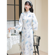 批发设计感<b class='q'>复古</b>新中式蝴蝶印花改良旗袍裙年轻款少女倒大袖高级感裙子