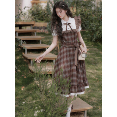 批发复古棕格子假两件收腰显瘦连衣裙夏季文艺长裙轻Lolita