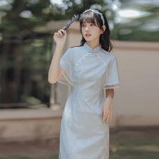 批发温柔系仙女蕾丝旗袍夏新款倒大袖气质优雅复古民国风小个子裙子