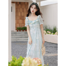 批发蓝色短袖方领长款收腰连衣裙女夏季法式<b class='q'>复古</b>气质高腰裙子