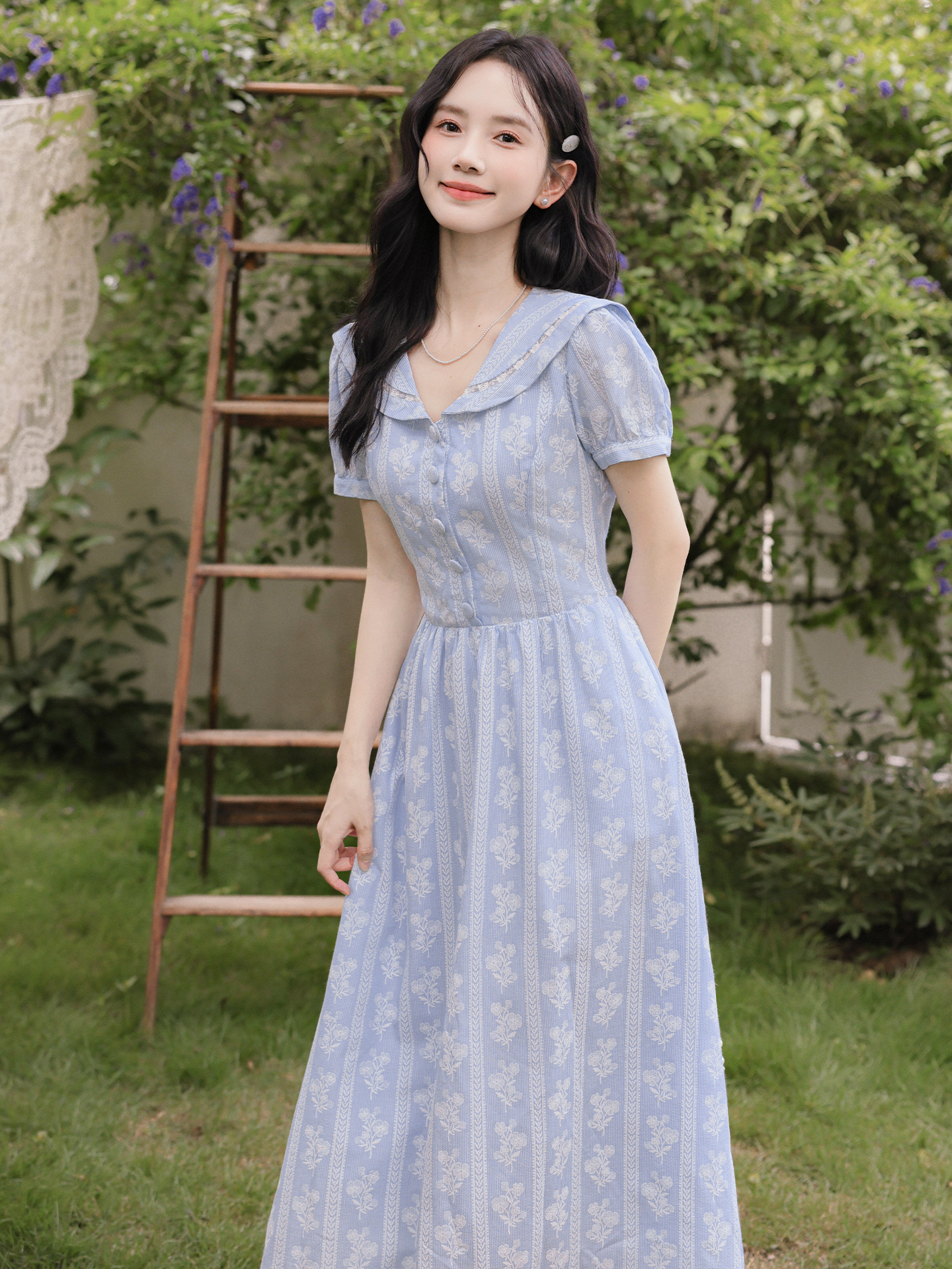 블루 섬 프랑스식 달콤함 해군 칼라 거품 소매 프린트 자수 작은 청신 드레스