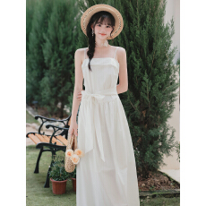 批发实拍<b class='q'>明星</b>同款白色连衣裙女夏蝴蝶结纯色抹胸吊带千金法式长裙
