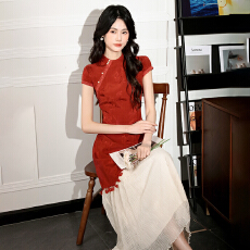 批发2026赤纱谣'新中式红色流苏旗袍女早春漂亮拼接假两件<b class='q'>连衣裙</b>