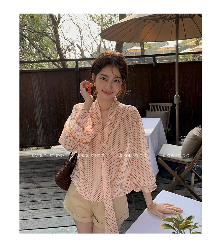 핑크색 도트 무늬 긴팔 V넥 여성 셔츠 리본 봄 여름 새로운 얇고 가벼운 마이크로 ~을 통해 작은 셔츠 맨위