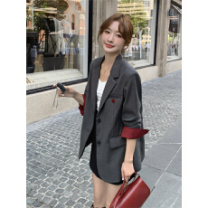 批发安可拉红灰色拼接西装外套女春秋2025新款韩系简约设计感西服