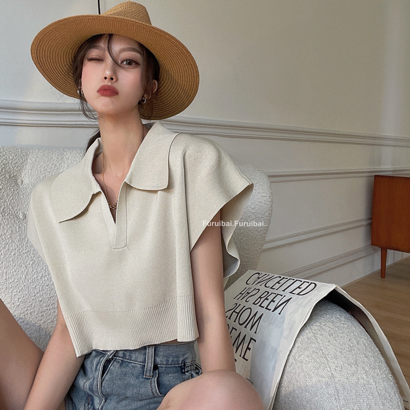 실사 정가 봄 디자인 센스 POLO 칼라 루즈핏 슬림해 보이는 티셔츠 니트 스웨터 미니멀리즘 쇼트 스타일 숄 맨위 여성