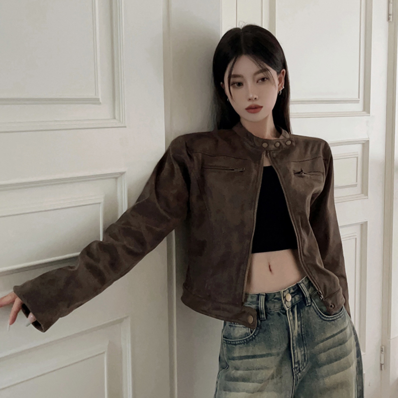 실사 정가 가을 핫걸 몸매 가꾸기 아메리칸 레트로 브라운 사슴 캐시미어 가죽 재킷 재킷 여성 짧은 오토바이 재킷