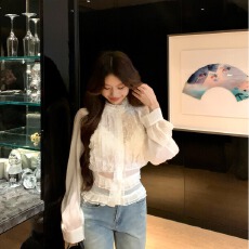 批发实拍实价日光柔纱长袖<b class='q'>衬衫</b>女秋法式宫廷风立领收腰雪纺上衣