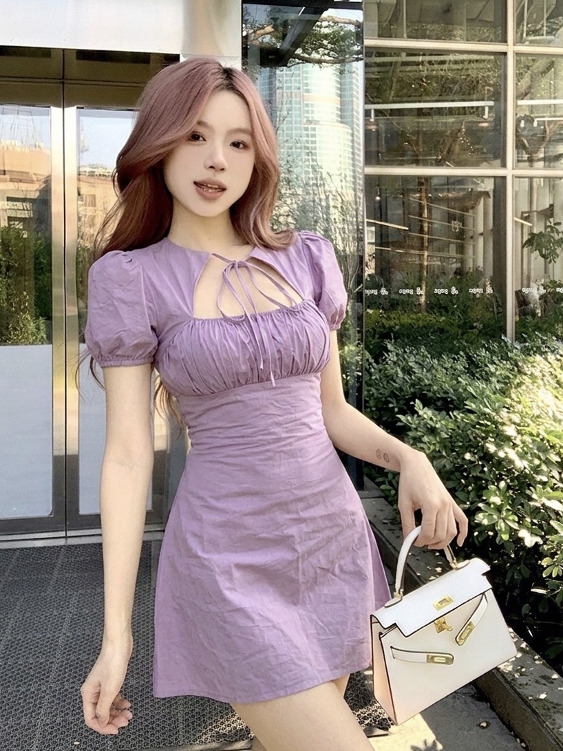 실사 정가 레이스업 거품 소매 여성 드레스 2026 년 여름 얇은 스타일 순수한 욕망 바람 작은 심장 기계 요정 치마