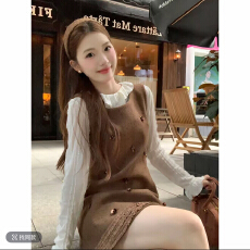 批发【焦糖布丁】法式复古显瘦叠穿<b class='q'>无袖</b>背心连衣裙+荷叶领提花上衣