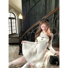 批发Q女家 12/10 雪绒香榭/千金感小香风拼接<b class='q'>蕾丝</b>花边精致年会<b class='q'>连衣裙</b>