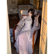 批发【1/21 20:00 主推款】紫藤梦境 温柔立领无袖修身晕染<b class='q'>提花</b>旗袍