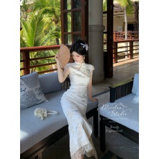 批发Blovelan青鸟衔芳 新中式重工花鸟刺绣提花改良旗袍蕾丝<b class='q'>拼接</b>长裙