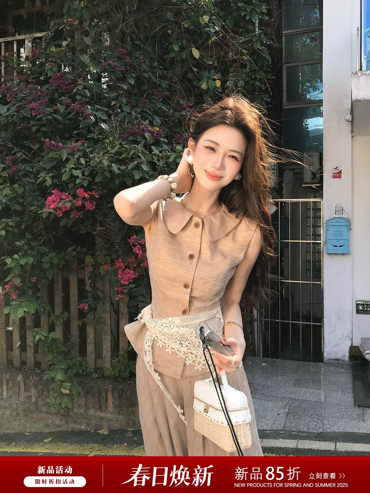 무쯔리 목자이 ~ 중 리 느긋한 바람 아마 캐주얼 세트 민소매 허리 수축 맨위 작은 키 하이웨이스트 와이드 레깅스 바지 여름