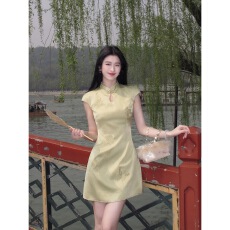 批发凌茜恣禾 浅青烟雨'新中式缎面改良<b class='q'>旗袍</b>女春夏刺绣短款蝴蝶连衣裙