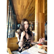 批发花花媛 洛神赋 <b class='q'>黑色</b>丝绒烧花修身短旗袍夏改良新中式国风<b class='q'>连衣裙</b>