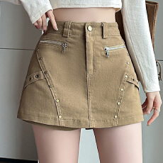 批发实拍夏季新款美式复古牛仔半身裙铆钉高腰显瘦A字弹力包臀裙裤