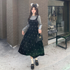 批发实拍 秋冬烫金吊带丝绒复古气质<b class='q'>大码</b>连衣裙两件套加绒长袖打底衫