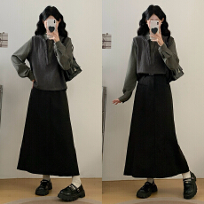 批发大码气质韩版休闲套装女秋季假两件针织上衣胖MM高腰半身裙两件套