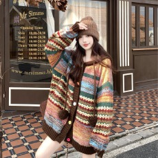 批发大码复古撞色条纹连帽<b class='q'>毛衣</b>外套<b class='q'>女</b>装秋冬胖MM遮肉显瘦针织<b class='q'>开衫</b>上衣