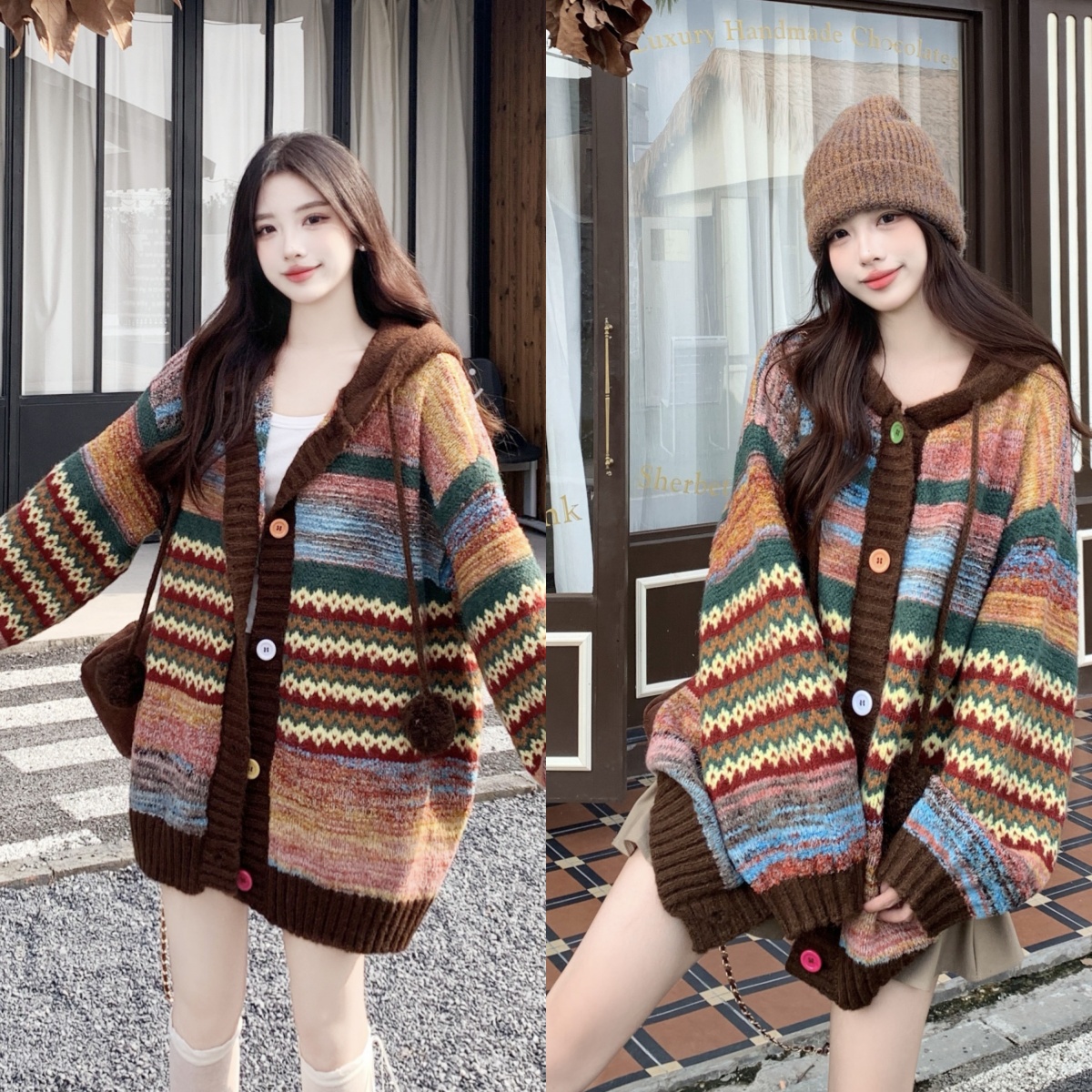 빅 사이즈 레트로 배색 스트라이프 후드 스웨터 코트 여성 의류 봄 가을 지방 mm 표지 고기 슬림해 보이는 니트 오픈 가디건 맨위