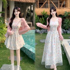 批发大码~花漾甜茶 早春度假风仙女感刺绣碎花吊带微胖遮肉连衣裙汉服