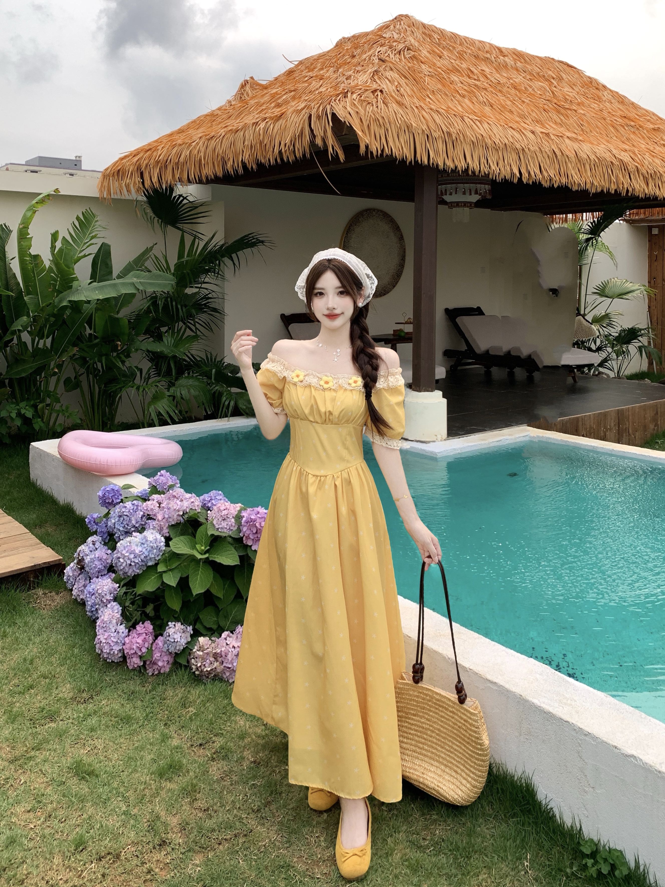 실사 빅 사이즈 여성 의류 프랑스식 황색 여성 드레스 여름 새로운 휴가 바람 고급 센스 하이웨이스트 슬림해 보이는 롱 스커트