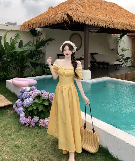 실사 빅 사이즈 여성 의류 프랑스식 황색 여성 드레스 여름 새로운 휴가 바람 고급 센스 하이웨이스트 슬림해 보이는 롱 스커트