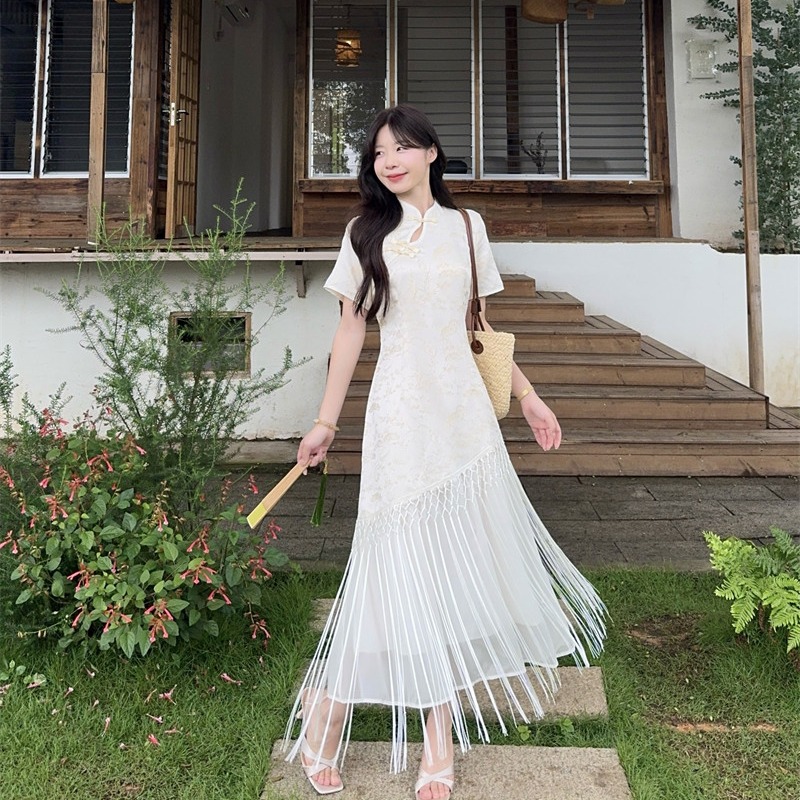 새로운 중식 스탠드 칼라 단추 자카드 치파오 롱 스커트 빅 사이즈 지방 mm 국풍 몸매 가꾸기 아름다운 술 품격 드레스