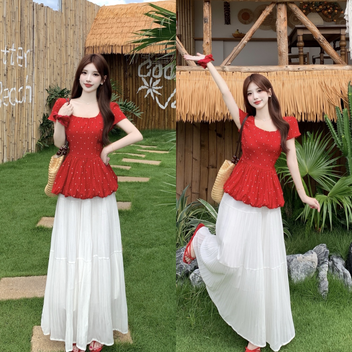 실사 2026 여름 새로운 빅 사이즈 프랑스식 광장 칼라 도트 무늬 허리 수축 반팔 맨위 하이웨이스트 반신 스커트 투피스 세트