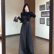 批发冬季搭配一整套<b class='q'>大码</b>胖mm蝴蝶结背带毛呢阔腿裤时髦复古两件套装女