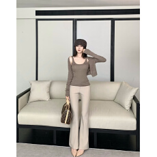 批发实拍实价  U领针织吊带内搭背心修身开衫两件套裤子套装