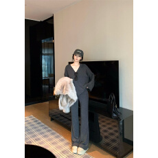 批发实怕实价 美式气质休闲纯色V领宽松显瘦T恤上衣裤子套装