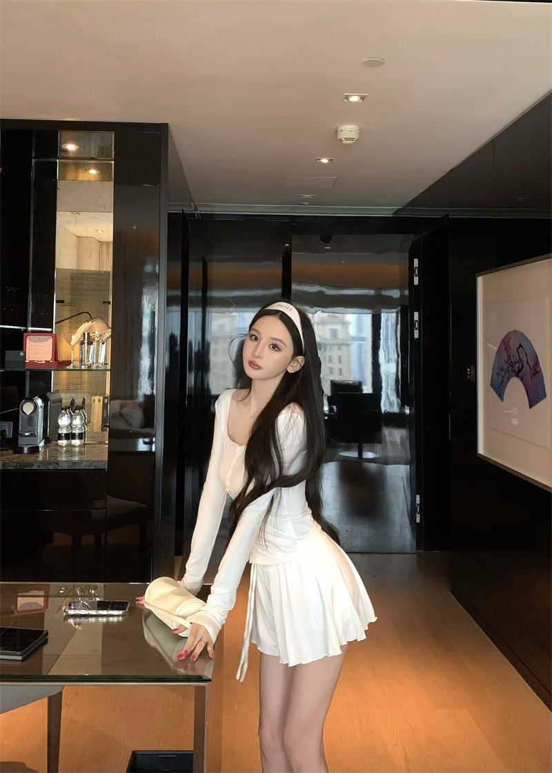 실사 정가 레트로 u 칼라 긴팔 몸매 가꾸기 만나는 오픈 가디건 맨위 반신 세트