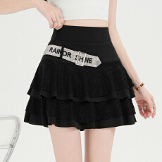 甜酷辣妹风高腰蕾丝荷叶边裙裤女镶钻腰带显瘦A字半身松紧腰短裙