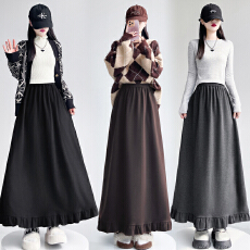 批发实拍2025常规和加绒显瘦百搭大摆花边羊绒中长裙半身裙女