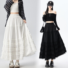 实拍2026春夏新款显瘦纯色网纱拼接中长裙女生白色半身裙