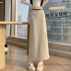 批发实拍2026夏季新款显瘦百搭韩版西装面料<b class='q'>半身裙</b>女生长裙配腰带