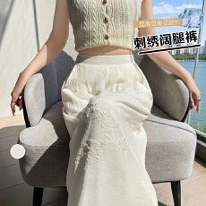 实拍2026新款肌理感薄款款式休闲女夏季刺绣高腰垂感阔腿裤女