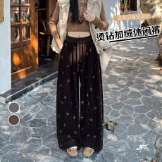 实拍2026秋冬新款显瘦百搭韩版烫钻加绒休闲阔腿裤女生长裤