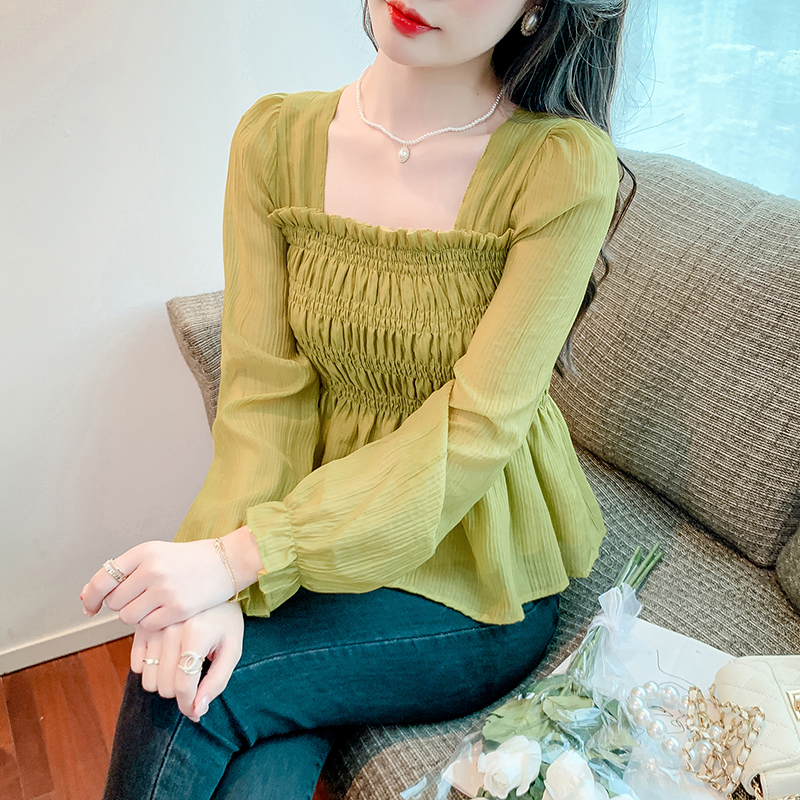 실사 가을 몸매 가꾸기 슬림해 보이는 허리 수축 레트로 프랑스식 광장 칼라 거품 소매 백리스 나비 매듭 긴팔 쉬폰 안감