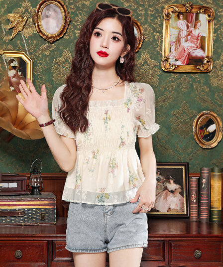 실사 몸매 가꾸기 슬림해 보이는 광장 칼라 거품 소매 꽃무늬 쉬폰 블라우스 여름 외국 가스 백리스 나비 매듭 반팔 맨위