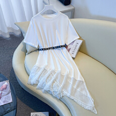 批发实拍+新款中长款显瘦短袖T恤女高级感显拼接瘦蕾丝上衣拼接送皮带